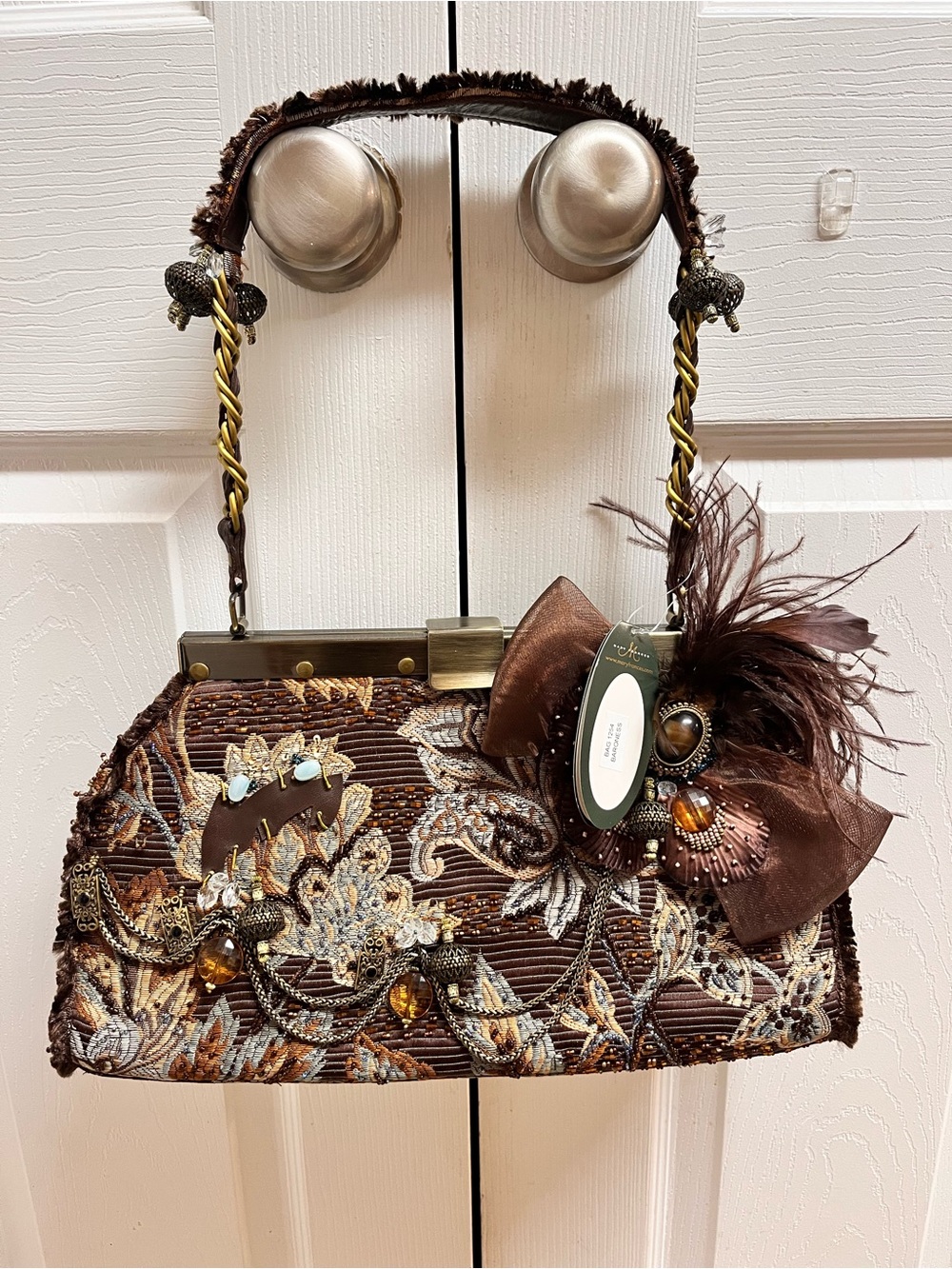 Mary Frances Brown Floral tapestry Beaded Bag Feather chain Charm Kiss Lock tags
